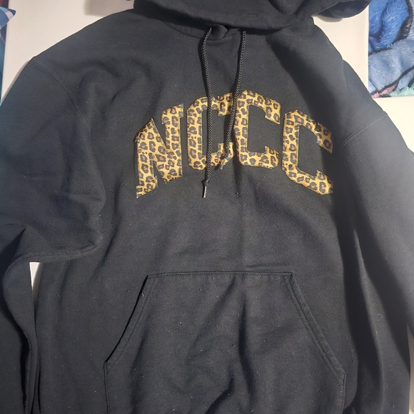 Champion Tops - Champion Black Hoodie with Leopard Print Letters